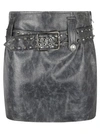 Alessandra Rich Leather Mini Skirt With Belt And Appliques In Gray