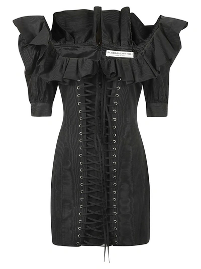 Alessandra Rich Moire Mini Lace-up Dress In Black