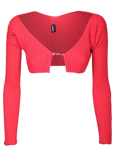 Jacquemus Ribbed Knit Cropped Cardigan In Red