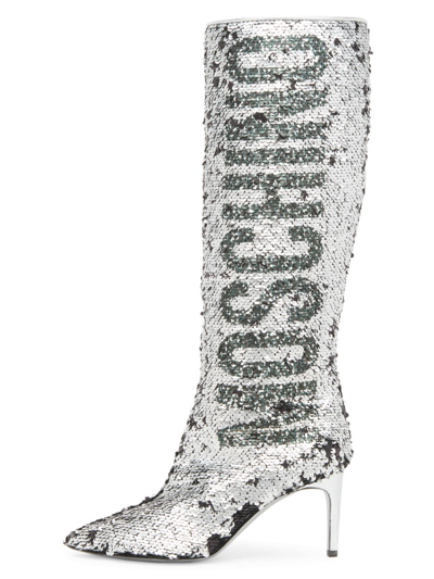 Moschino 75mm Sequin-embellished High Boots In Silver