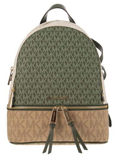 Michael Kors Rhea - Colour Block Backpack With Logo In Green/beige/ivory