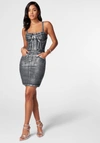 Bebe Fitted Foiled Denim Dress In Indigo Wash,silver Foil