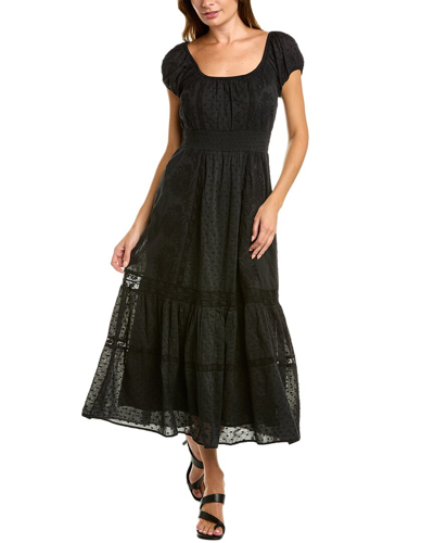Loveshackfancy Vernon Shirred Swiss-dot Embroidered Cotton Midi Dress In Black