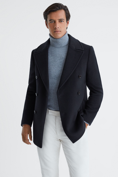 Reiss Bergamo - Light Navy Wool Blend Double Breasted Peacoat, Xl