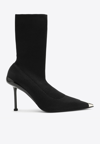 Alexander Mcqueen 90mm Heel Point Toe Slashed Knit Boots In Black