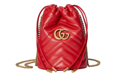 Pre-owned Gucci Gg Marmont Matelasse Mini Bucket Bag Red