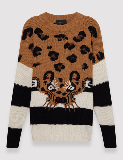 Joseph Leopard Knit Round Neck Jumper In Camel Combo