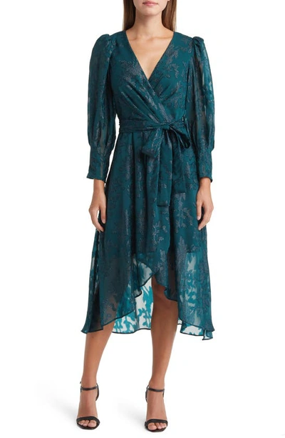 Eliza J Metallic Floral Jacquard Long Sleeve Dress In Hunter