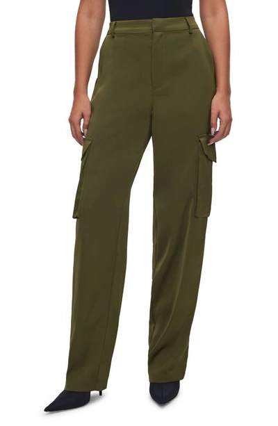 Good American Washed Satin Straight Leg Cargo Trousers In Juniper Green001