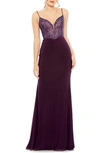 Mac Duggal Mixed Media Embellished Lace Sheath Gown In Amethyst
