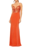Mac Duggal Mixed Media Embellished Lace Sheath Gown In Orange