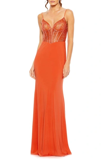 Mac Duggal Mixed Media Embellished Lace Sheath Gown In Orange