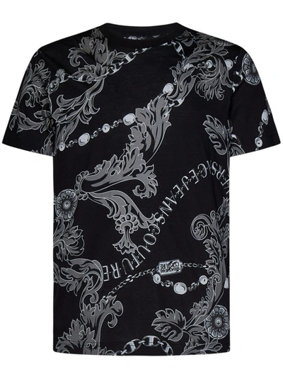 Versace Jeans Couture Crewneck T-shirt With All-over Baroque Print In Black And Grey Cotton Man