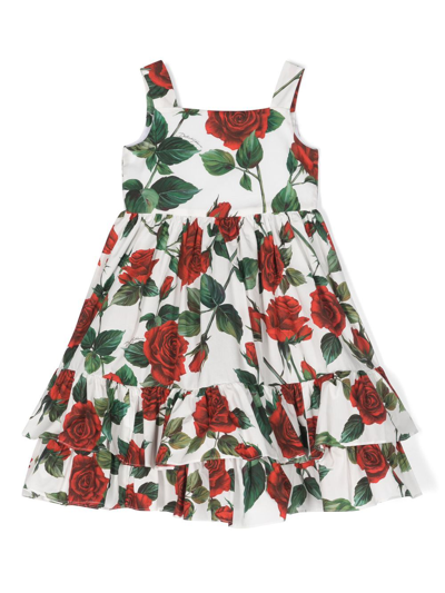 Dolce & Gabbana Kids' White Rose-print Ruffled Dress