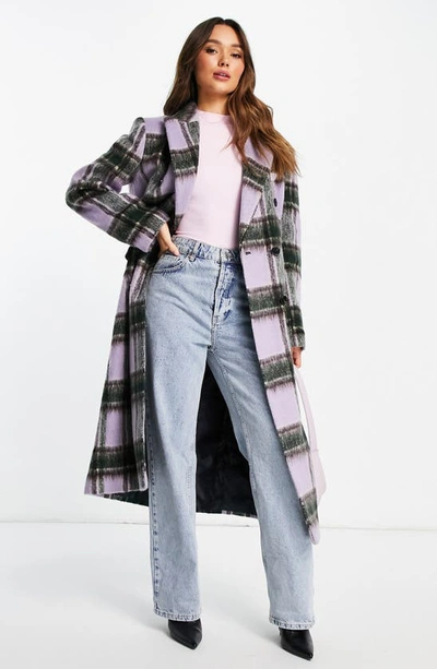 Topshop Check Double Breasted Long Coat In Lilac-purple