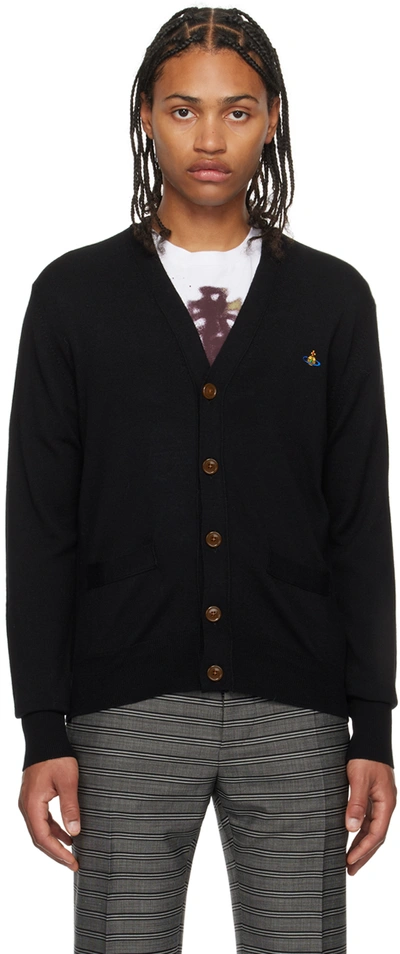 Vivienne Westwood Black V Neck Cardigan With Orb Embroidery In Cotton And Cashmere Man