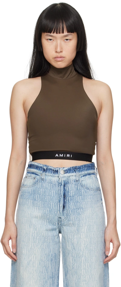 Amiri High-neck Logo-jacquard Jersey Cropped Top In Brown