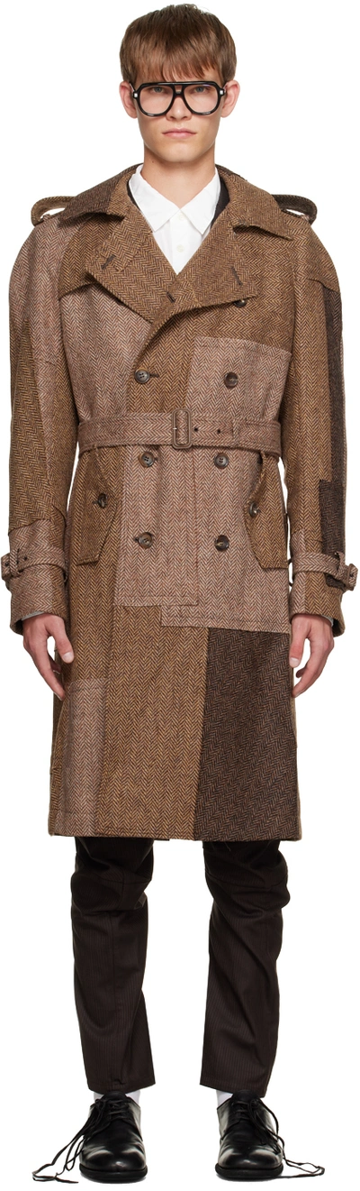Junya Watanabe Patchwork Tweed Coat In Brown