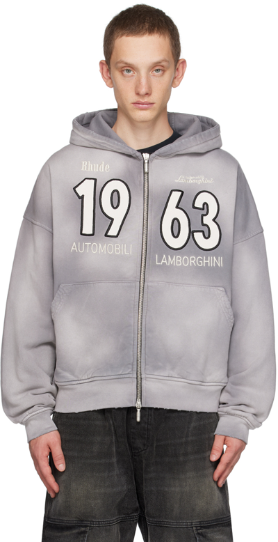 Rhude Lamborghini Logo-embroidered Distressed Cotton And Lyocell-blend Jersey Hoodie In Gray