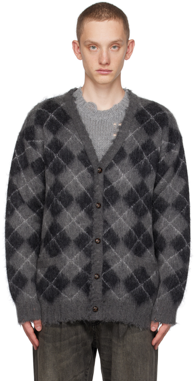 R13 Grey Distressed Cardigan In Charcoal/black/plaid