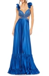 Mac Duggal Sequined Mesh Overlay Satin Dress With Ruffled Cap Sleeves And Beaded Bodice In Royal