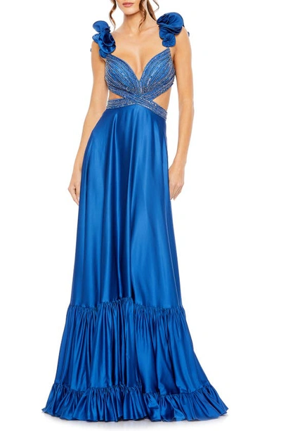 Mac Duggal Beaded Cross Cut Out Ruffled Strap A Line Gown In Royal