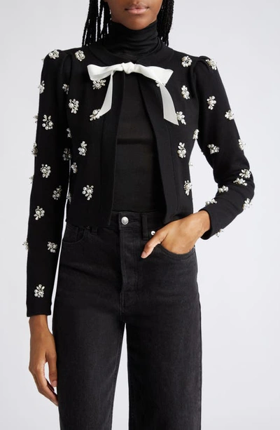 Alice And Olivia Daroda Cropped Embellished Merino Wool Cardigan In Black
