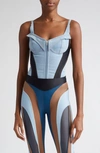 Mugler Denim Corset Bodysuit In Light Blue