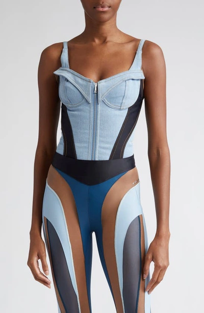 Mugler Denim Corset Bodysuit In Light Blue