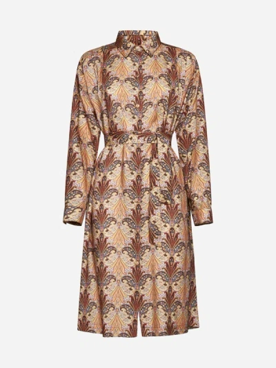 Etro Belted Printed Wool And Silk-blend Twill Midi Shirt Dress In Beige,multicolor