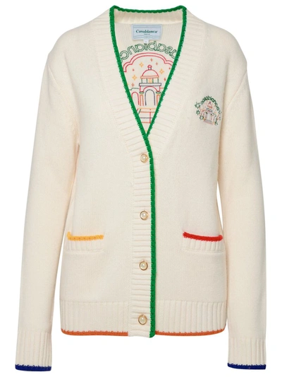 Casablanca Rainbow Crayon Temple Embroidered Wool-cashmere Cardigan In White