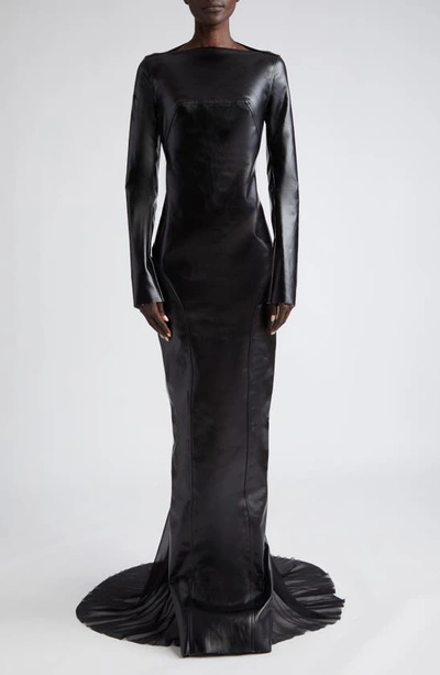 RICK OWENS RICK OWENS LONG SLEEVE COATED DENIM TRUMPET GOWN