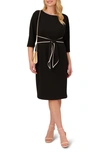 Adrianna Papell Tipped Three-quarter Sleeve Crepe Dress In Black/ Ivory