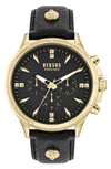 Versus Men's Multifunction Quartz Chrono Lion Modern Black Leather Strap Watch 45mm In Ip Yellow Gold
