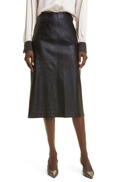 Brunello Cucinelli Glossy Leather Midi Pencil Skirt In Black