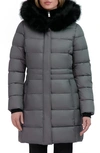 Tahari Dana Puffer Coat With Faux Fur Trim In Steel
