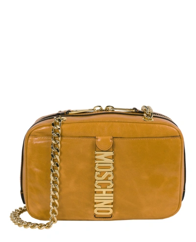 Moschino Leather Logo Shoulder Bag In Beige