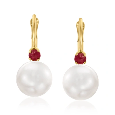 Ross-simons 7-7.5mm Cultured Pearl And . Ruby Earrings In 14kt Yellow Gold In Red
