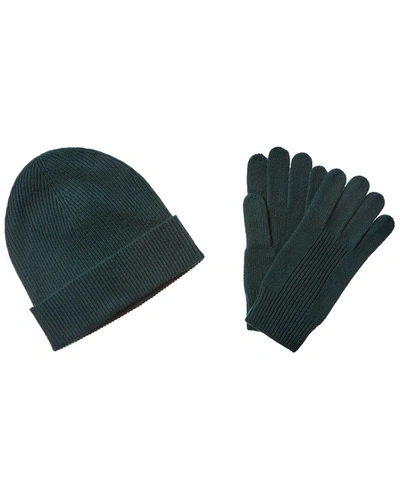 Qi 2pc Ribbed Cashmere Hat & Glove Set In Green