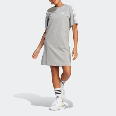 Adidas Originals Adidas Women's Active Essentials 3-stripes Single Jersey Boyfriend Tee Dress In Medium Grey Heather,white