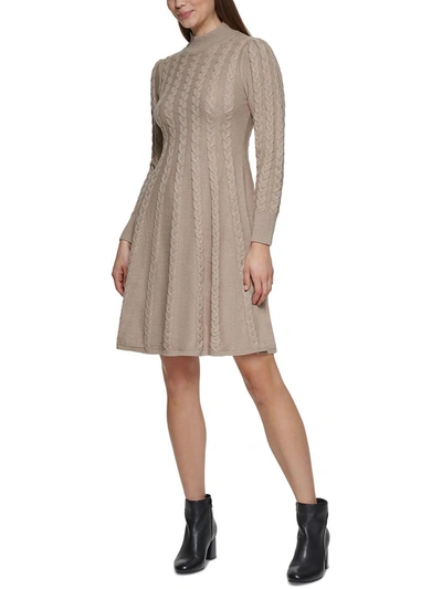 Jessica Howard Petite Mock Neck Cable-knit Sweater Dress In Beige