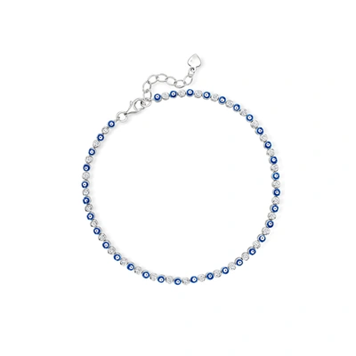 Ross-simons Cz Evil Eye Anklet In Sterling Silver With Multicolored Enamel In Blue