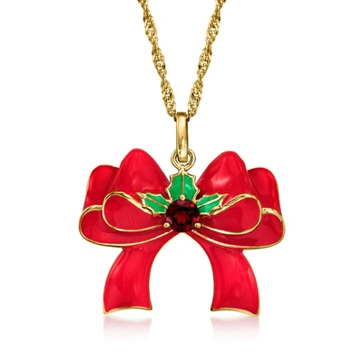 Ross-simons Garnet And Multicolored Enamel Bow Pendant Necklace In 18kt Yellow Gold Over Sterling In Red