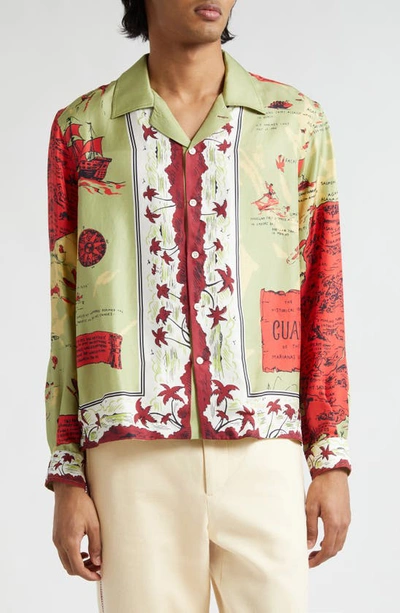 BODE GUAM PRINT LONG SLEEVE SILK BUTTON-UP SHIRT