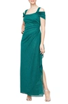 ALEX EVENINGS COLD SHOULDER RUFFLE GLITTER CHIFFON GOWN