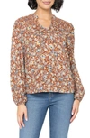 Gibsonlook Tie Neck Long Sleeve Smoked Yoke Blouse In Saddle Brown Floral