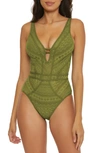Becca Women's Crochet Plunging One-piece Keyhole Swimsuit In Agave