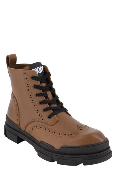 Dkny Men's Perforated Rubber Lug Sole Wingtip Boots In Brown