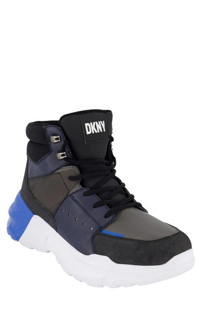 Dkny Men's Mixed Media Two Tone Lightweight Sole Hi Top Sneakers In Grey/ Blue