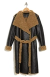 DONNA KARAN BELTED FAUX SHEARLING LINED FAUX LEATHER COAT